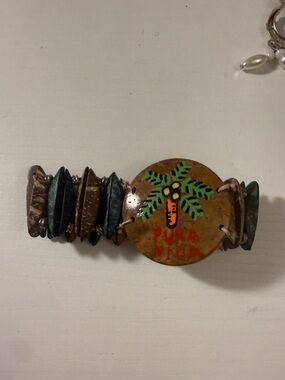 Handpainted 'Pura Vida' Coconut Shell Bracelet - Brown & Green